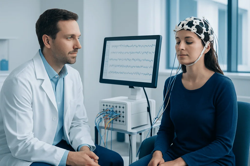 Patient undergoing EEG brain wave monitoring at Acibadem Hospital.