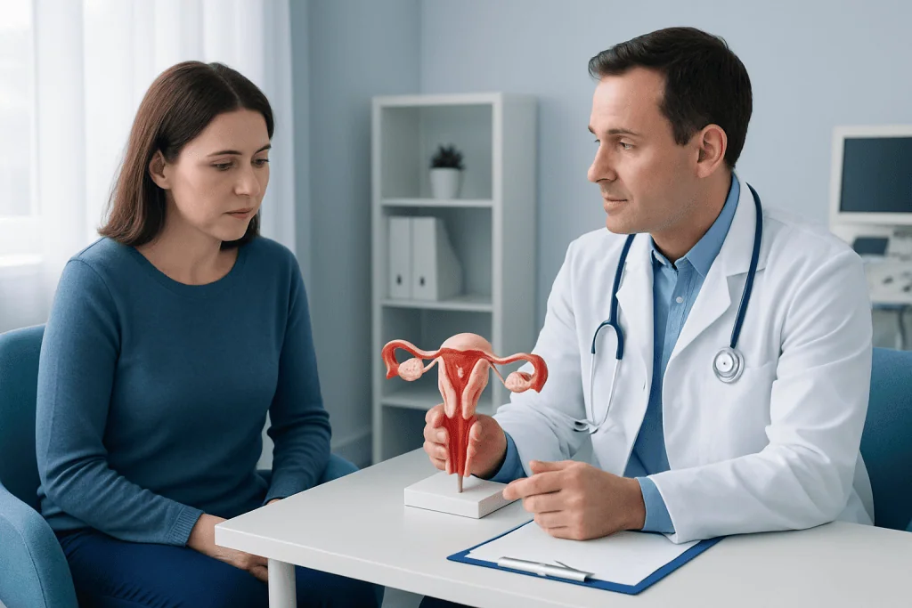 Gynecologist explaining uterine health to a patient with a model of the female reproductive system.