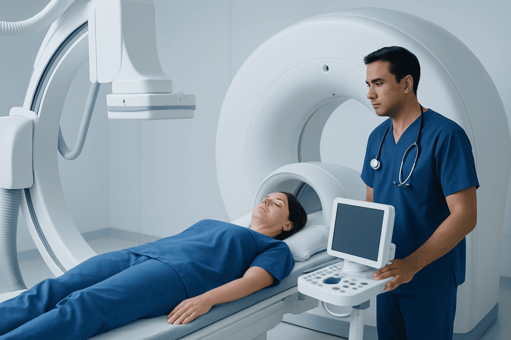 Patient undergoing cerebral angiography in a modern hospital setting.