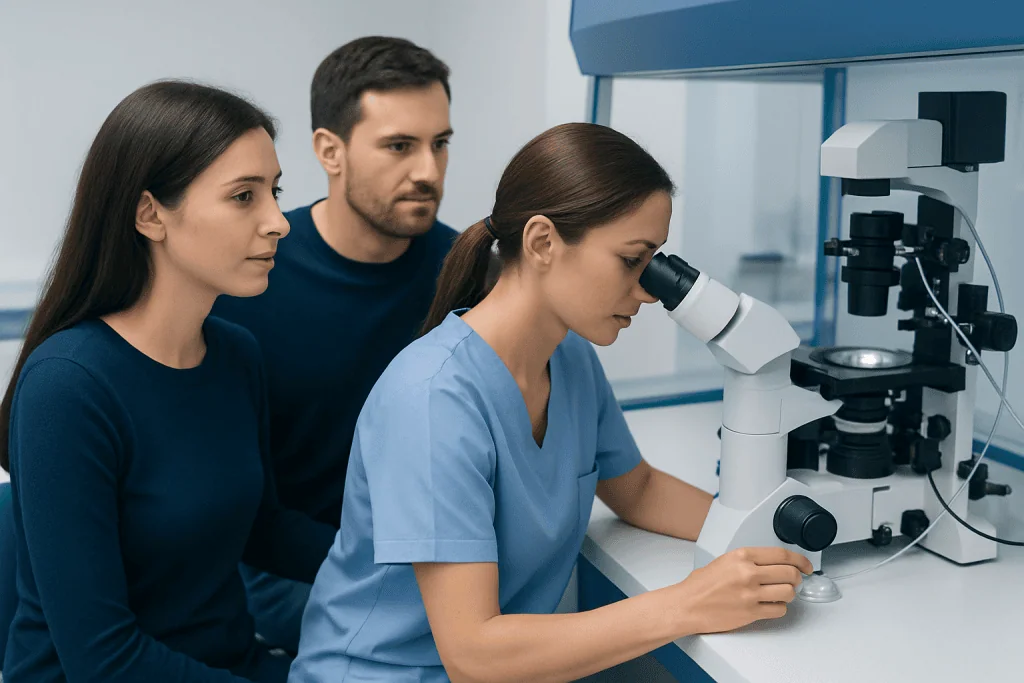Fertility specialist examining samples with a microscope at Acibadem Hospital.