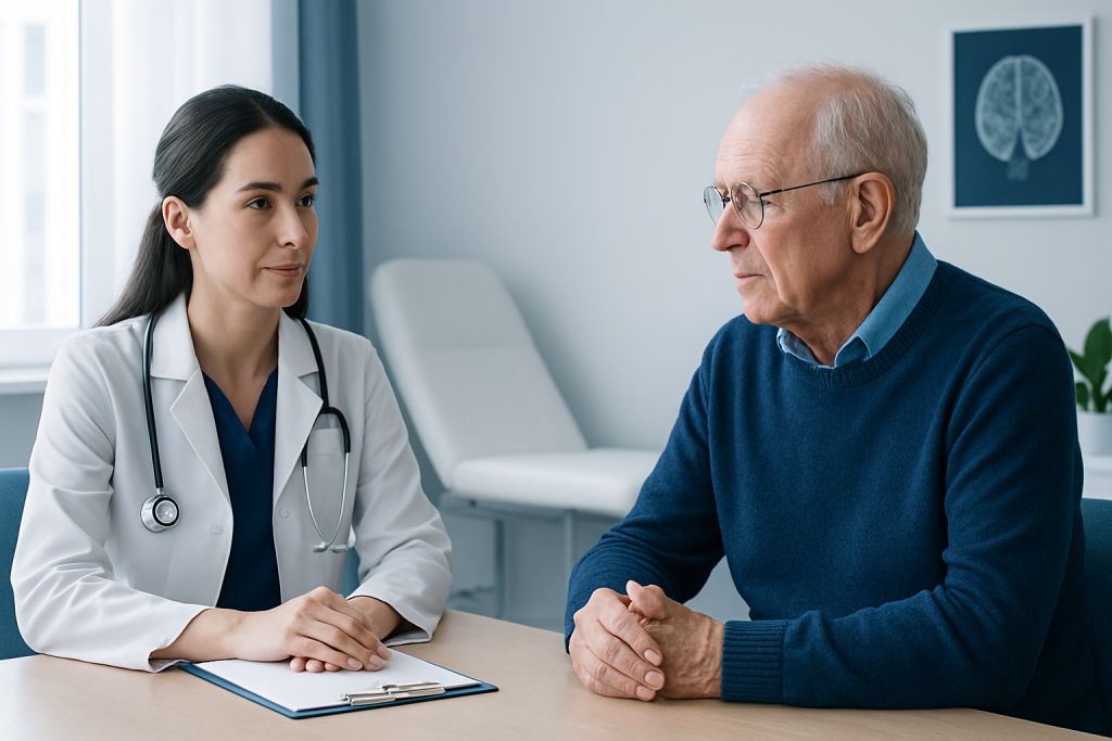 Doctor consulting with elderly patient in a medical office.