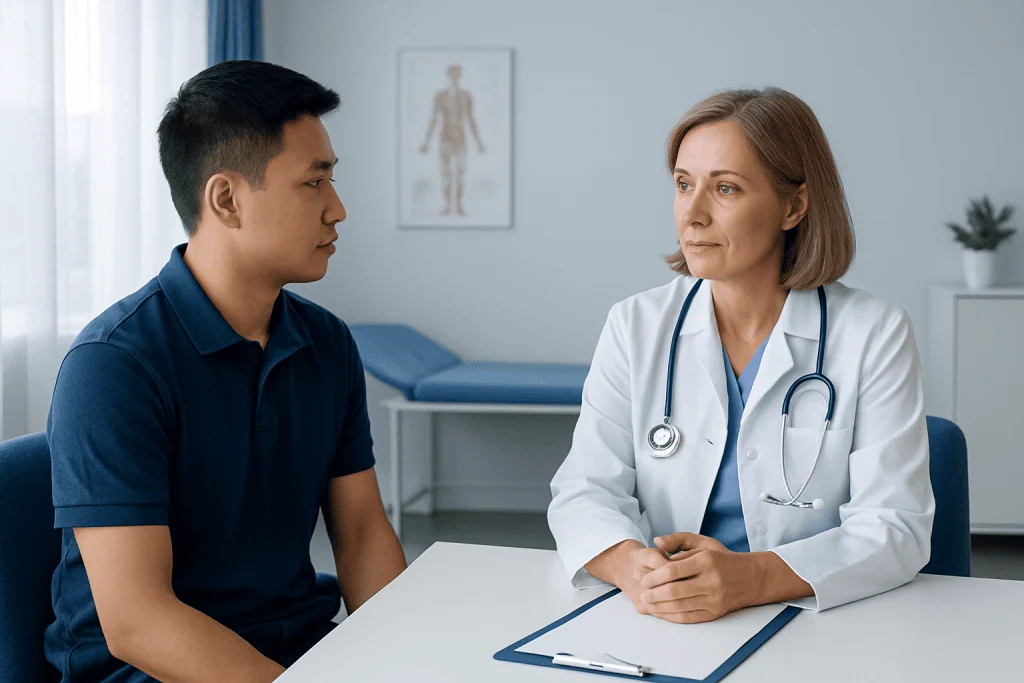 Doctor consulting with a patient in a medical office setting.
