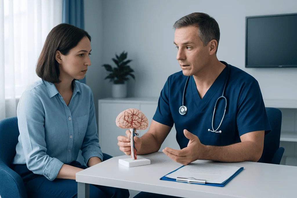 Doctor explaining brain AVM treatment options to patient in consultation room.