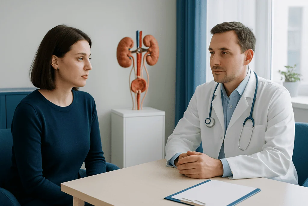 Doctor consulting female patient in a medical office with kidney model in background.