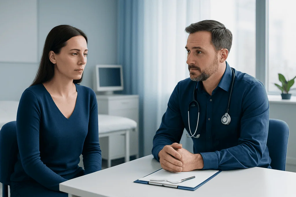 Doctor consulting with a female patient in a medical office.