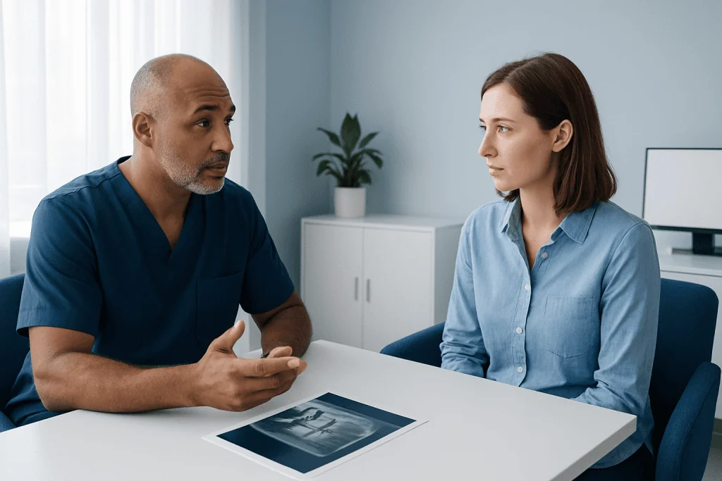 Dentist discussing dental treatment options with a patient in a consultation room.