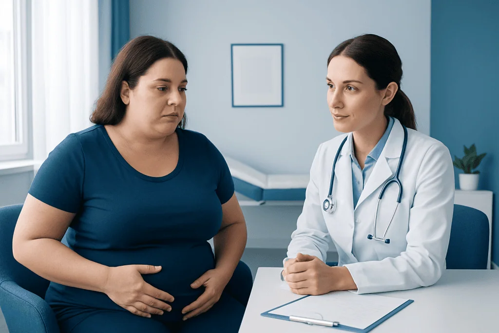 Consultation between a woman patient and a doctor in a medical office.