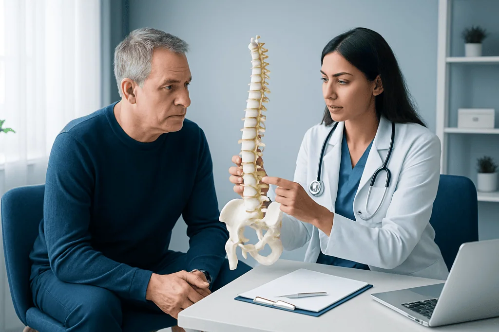 Doctor explaining spinal anatomy to patient in a medical consultation.
