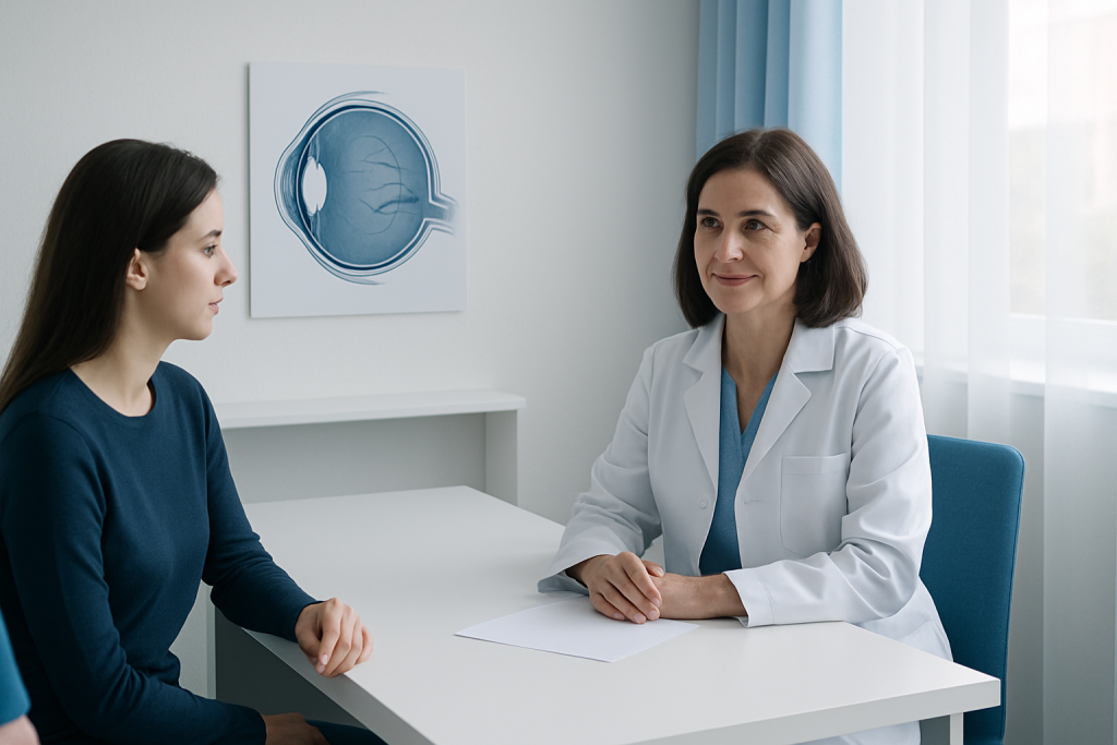 Ophthalmologist consulting with a patient about inherited eye diseases.