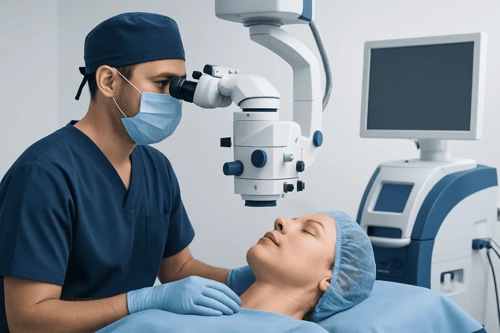 Ophthalmologist performing eye surgery with advanced microscope equipment.