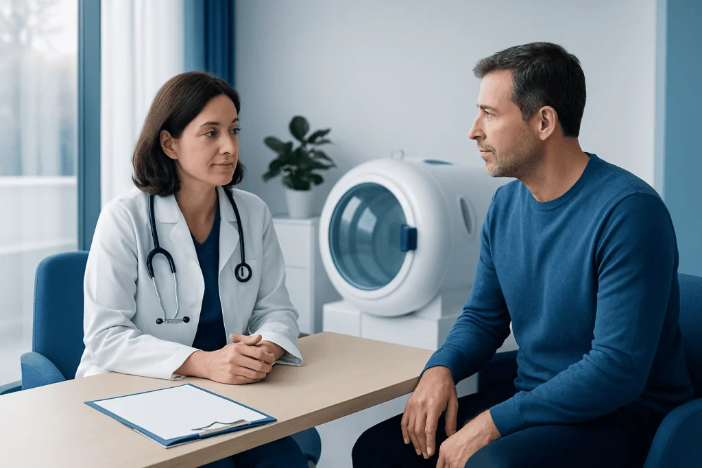 Doctor consulting patient in a medical examination room with hyperbaric chamber in background.