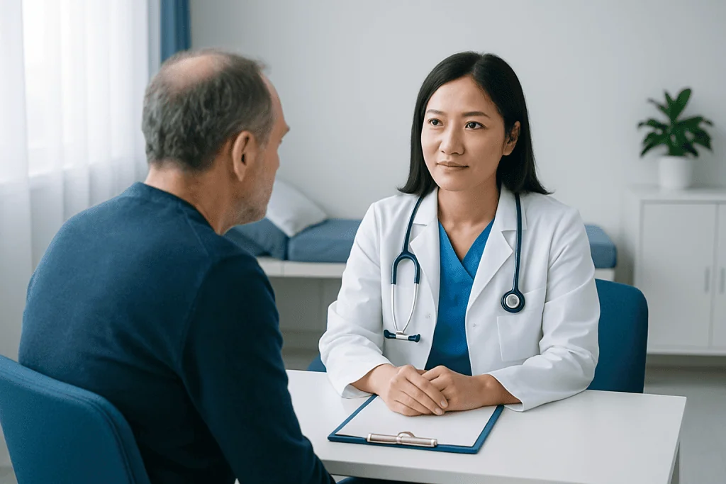 Doctor consulting with a patient in a modern medical office.