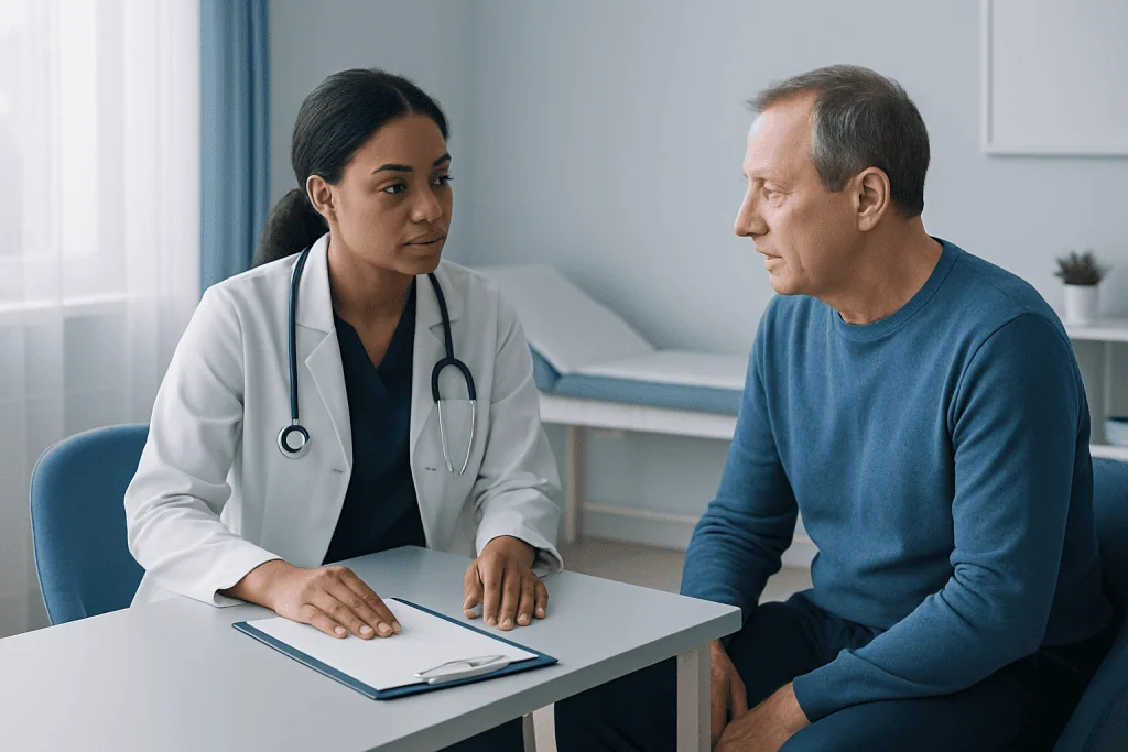 Doctor consulting with a male patient in a medical office.