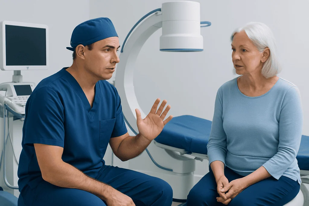Doctor explaining hip replacement risks to elderly woman in hospital.