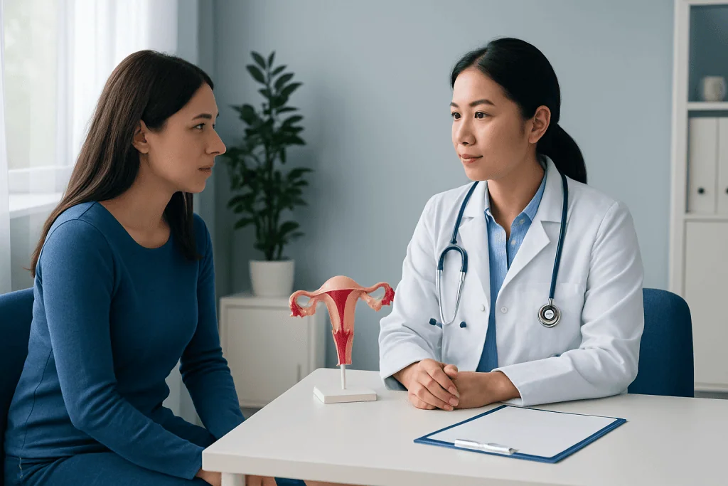 Doctor explaining hysteroscopy procedure to patient with uterine model.