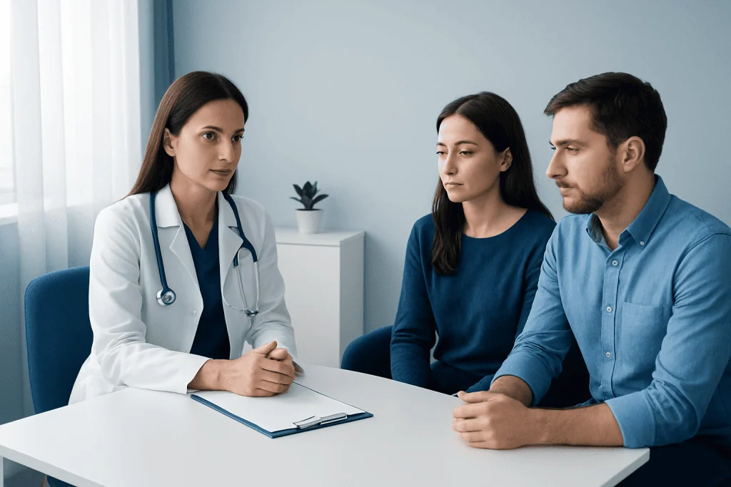 Doctor consulting with a couple about fertility treatment options at Acibadem Hospital.