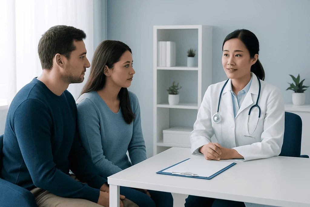 Doctor consulting with couple in a modern medical office.