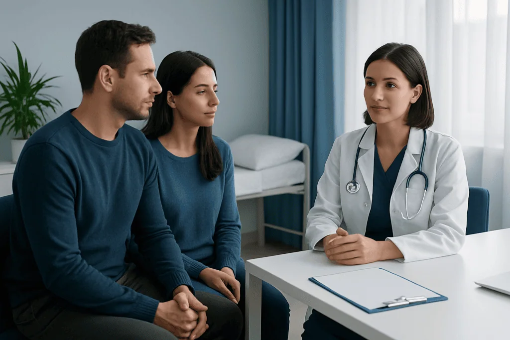Fertility consultation with a doctor and couple at a clinic.