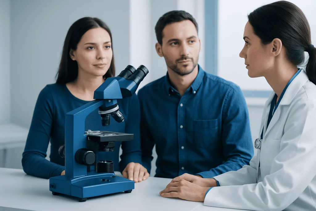 Fertility consultation with doctor and couple at clinic.