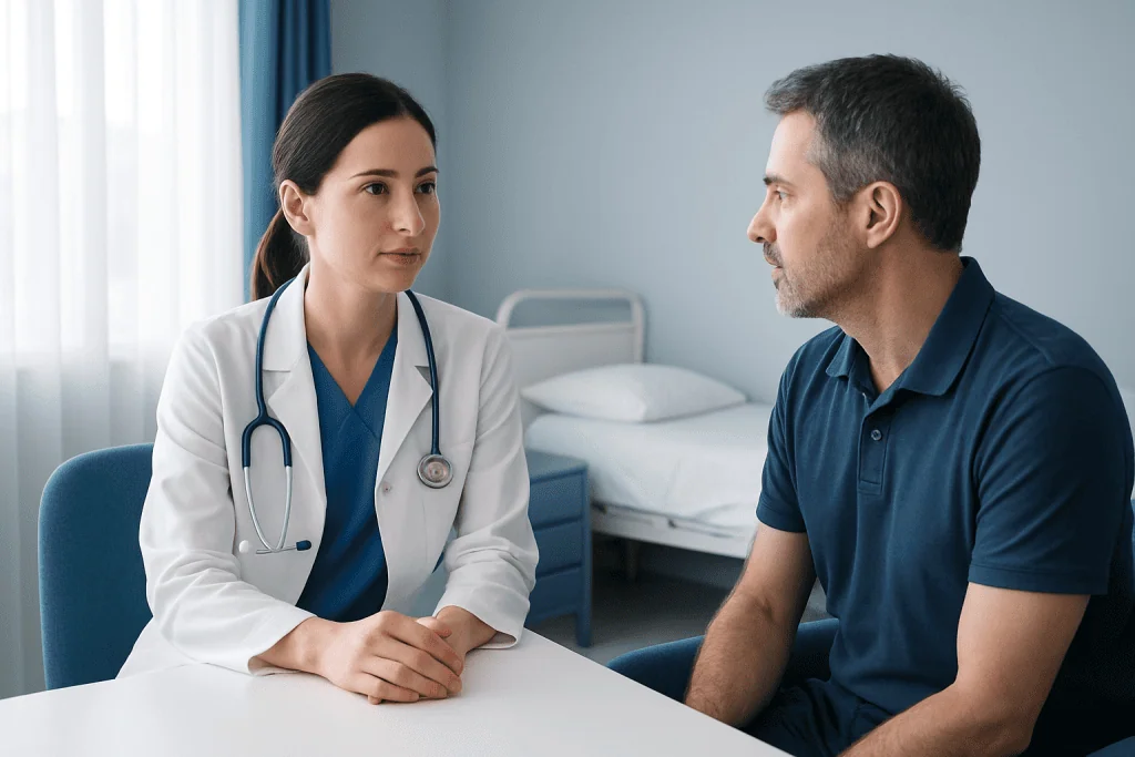 Doctor consulting with patient in hospital room at Acibadem Hospitals Group.
