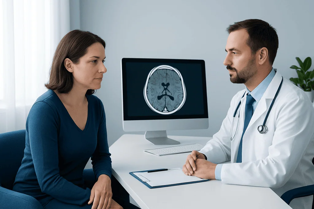 Doctor explains brain scan to patient in a medical consultation room.