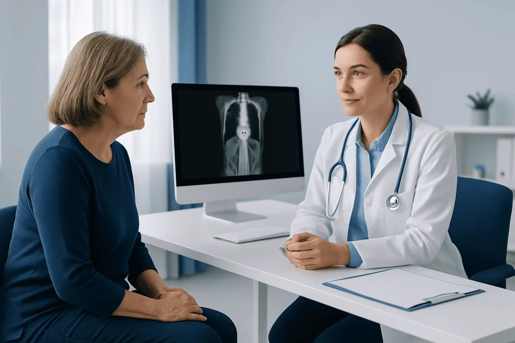 Doctor explaining PET-MRI scan results to a patient in a medical office.