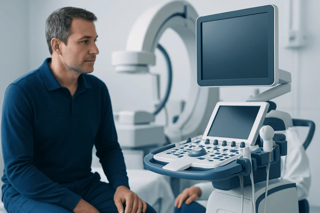 Medical professional preparing for a cardiac ultrasound examination at Acibadem Hospital.