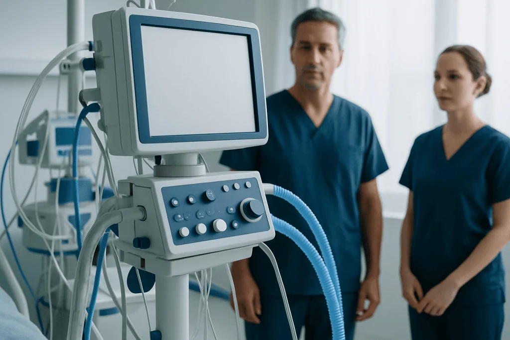 Medical ventilator machine in a hospital room with healthcare professionals.