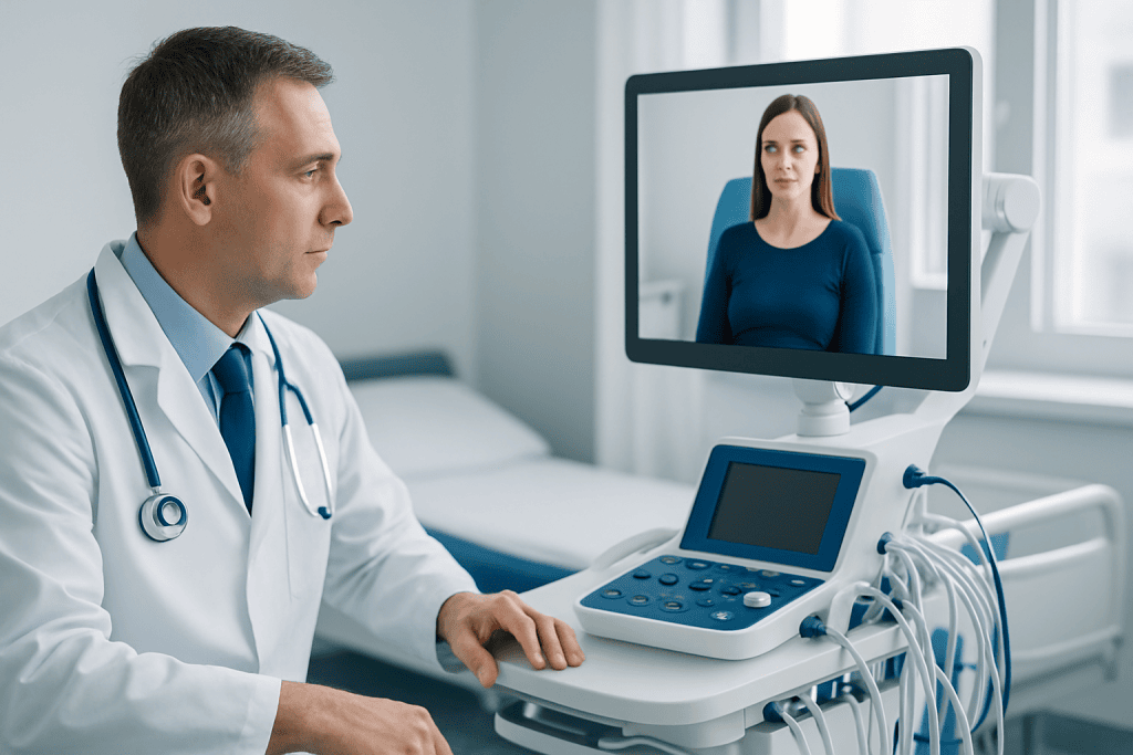 Doctor conducting a remote consultation with a patient via telemedicine.