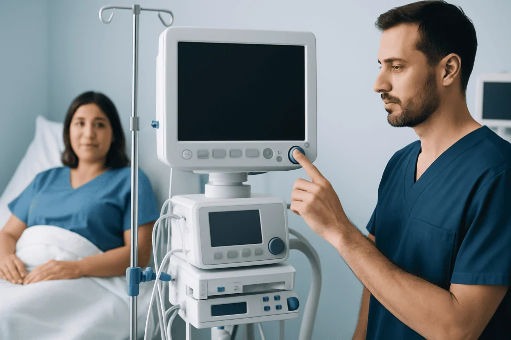 Medical professional operating a monitor in a hospital room with a patient.