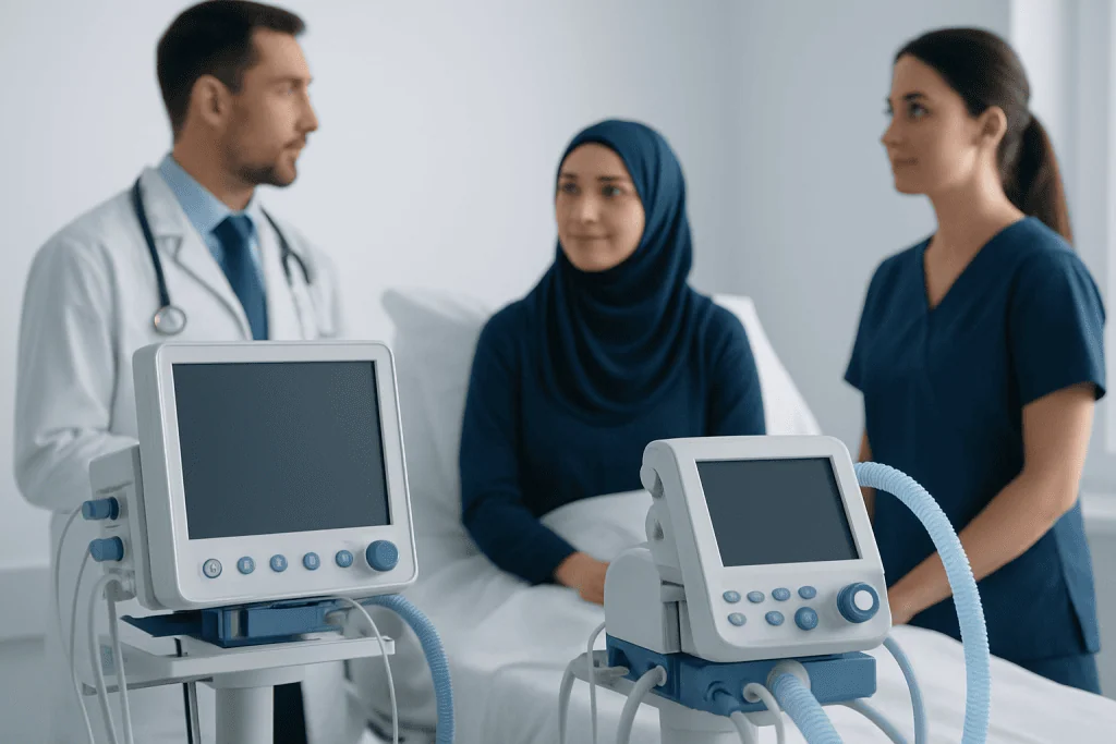 Interpreter and medical staff discussing patient care in hospital room.