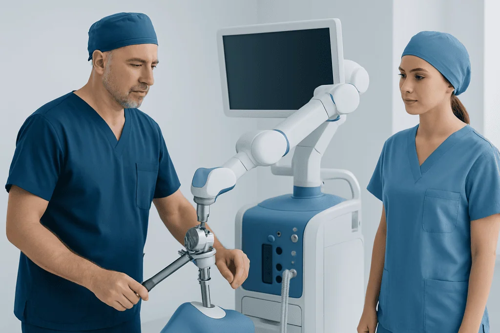 Surgeons using robotic equipment during knee surgery at Acibadem Hospital.