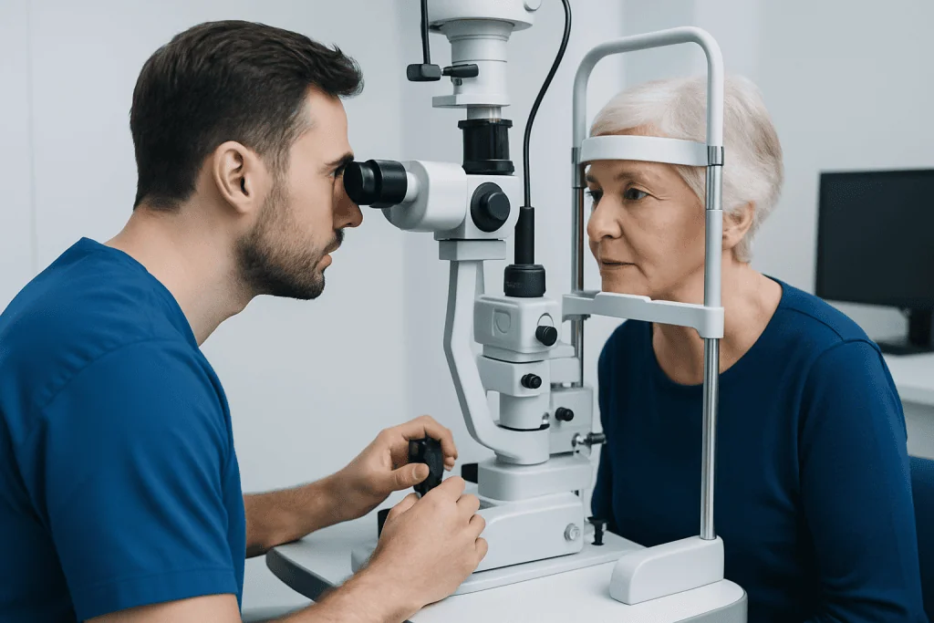 Ophthalmologist examining elderly woman's eye with slit lamp in clinic.