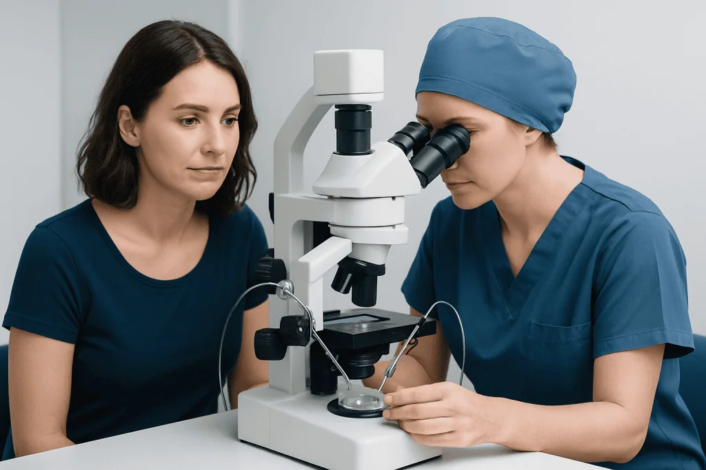 Medical professionals examining a sample through a microscope at Acibadem Hospitals Group.