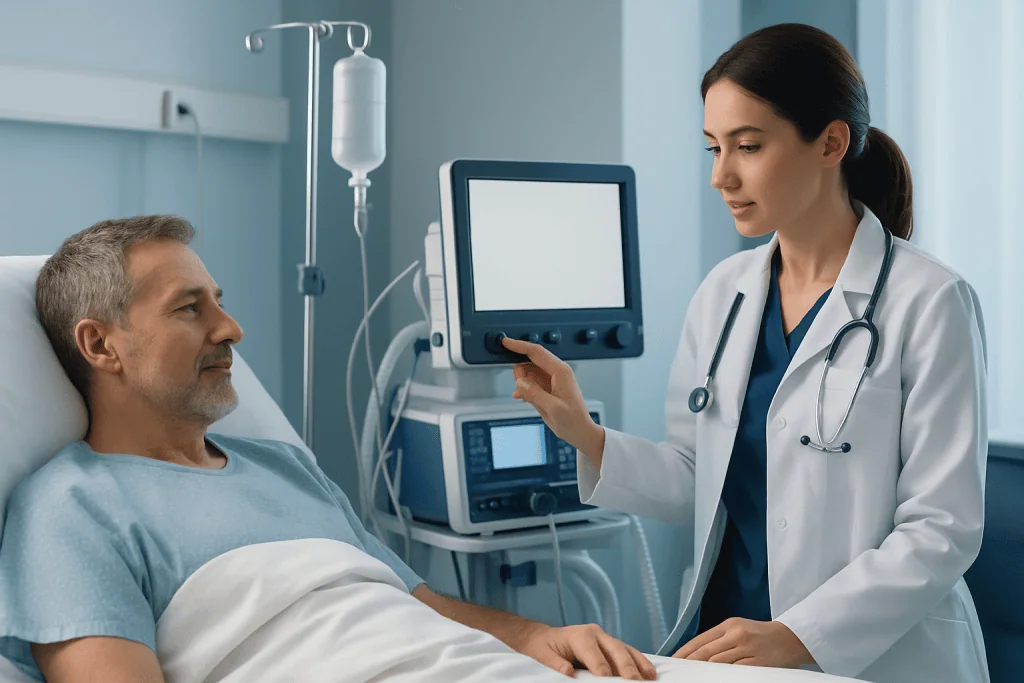 Doctor consulting with a patient in a hospital room in Turkey.