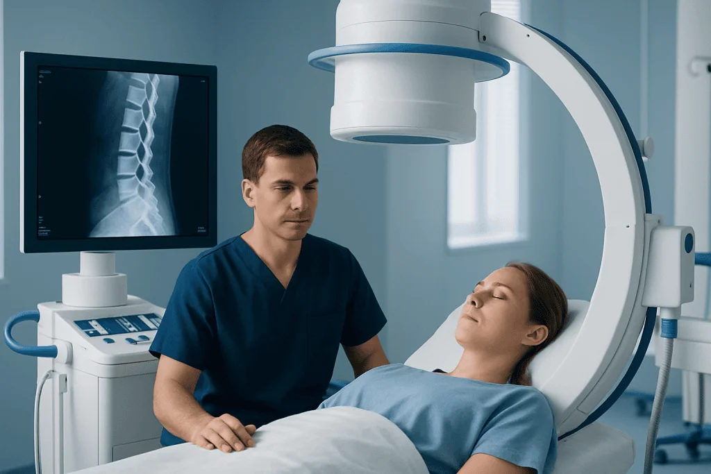 Patient undergoing spinal imaging with advanced MRI technology at Acibadem Hospital.