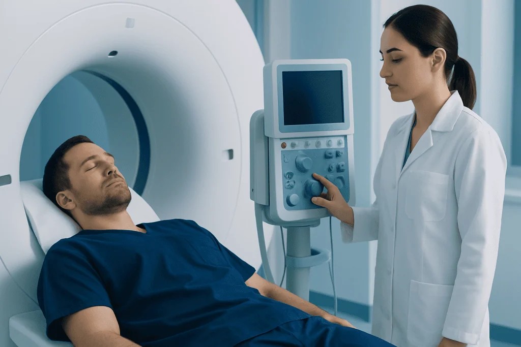 Patient undergoing MRI scan at Acibadem Hospital in Turkey.