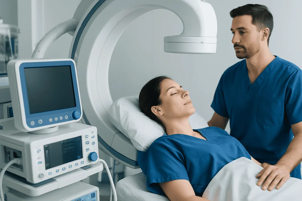 Patient undergoing cerebral venous imaging with medical staff present.