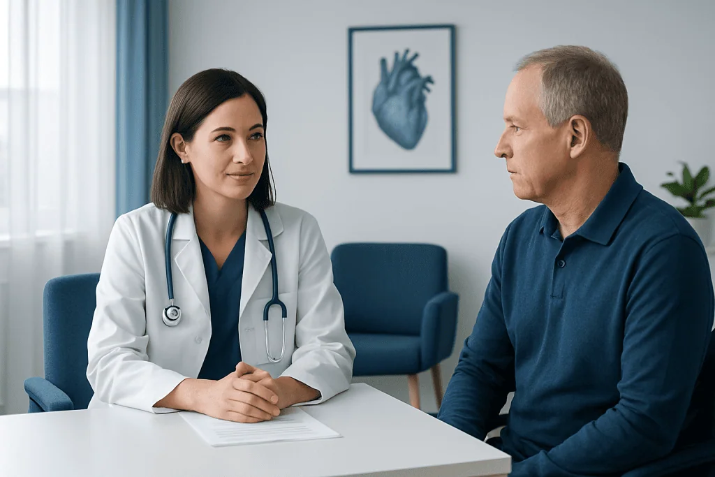 Doctor consulting with a male patient in a medical office.