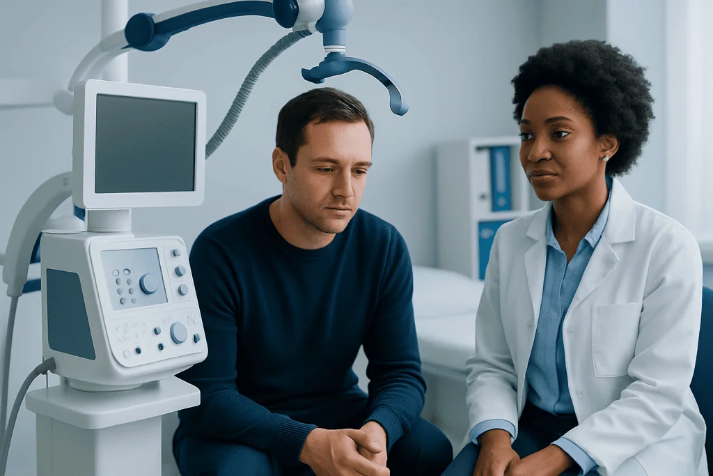 Doctor and patient in a mental health consultation at Acibadem Hospital.