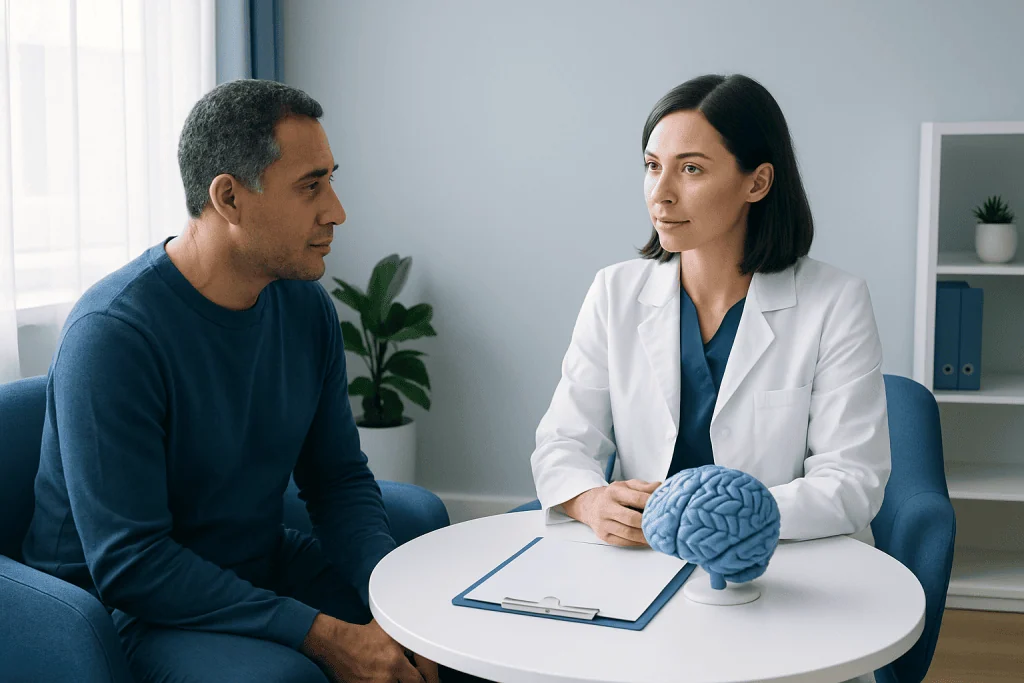 Neuropsychologist consulting with patient about brain health and diagnosis.