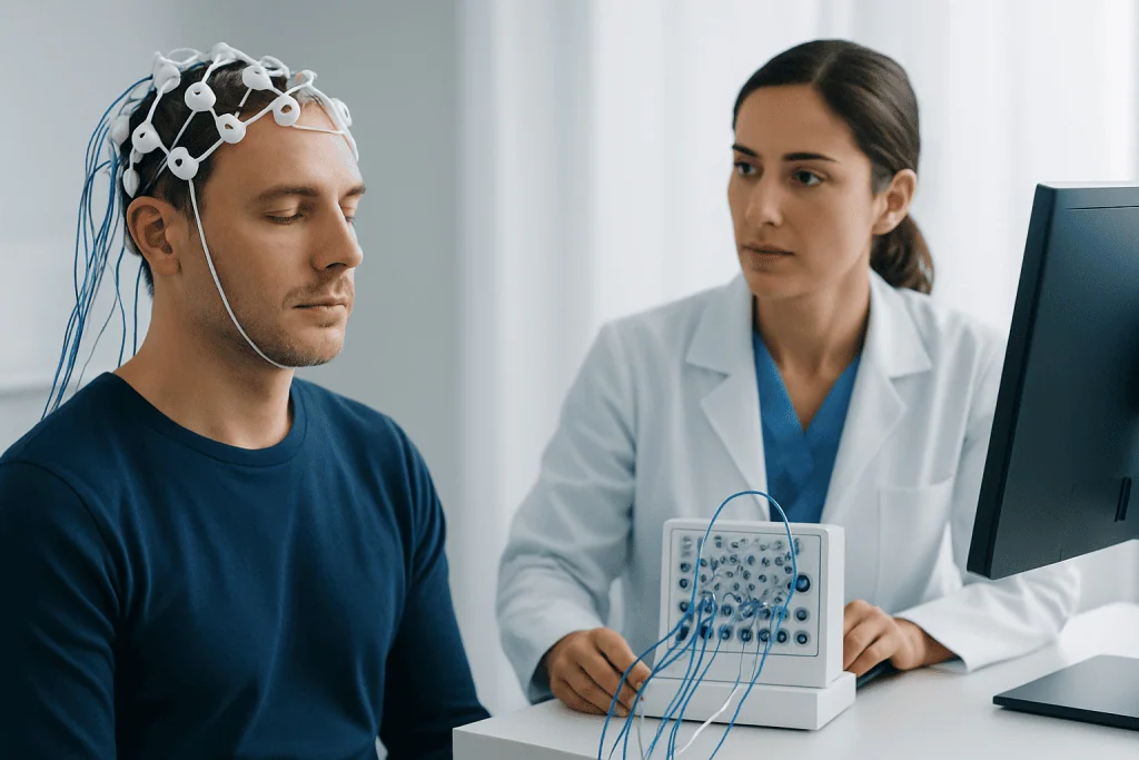Patient undergoing neuropsych testing with EEG monitoring at Acibadem Hospitals.
