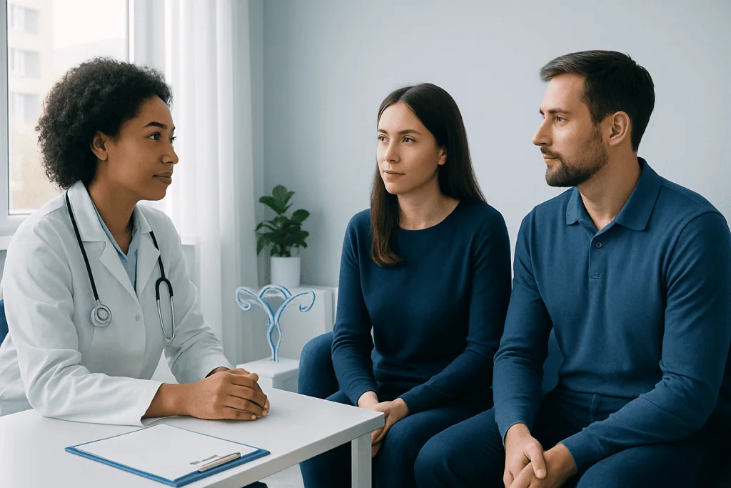 Fertility consultation with doctor and couple in clinic.
