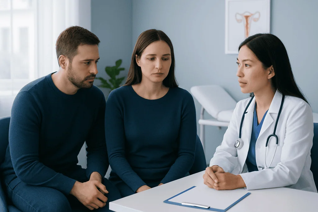 Fertility consultation with a doctor and a couple in a medical office.