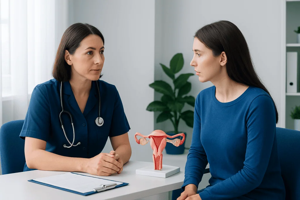 Doctor explaining endometriosis to patient with uterine model in clinic.