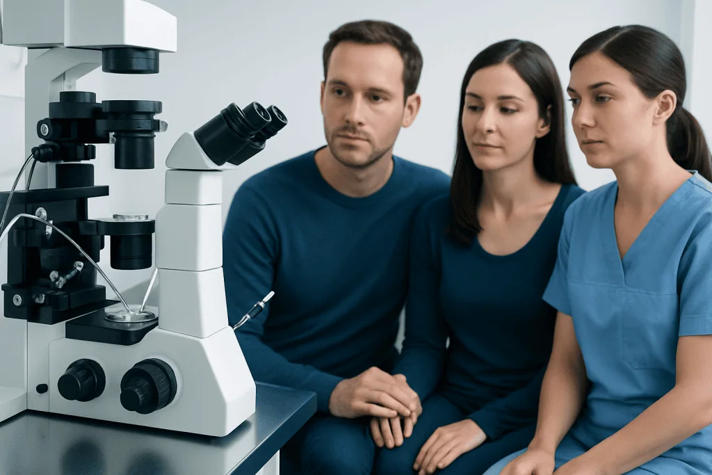 Medical professionals examining a microscope in a clinical setting.