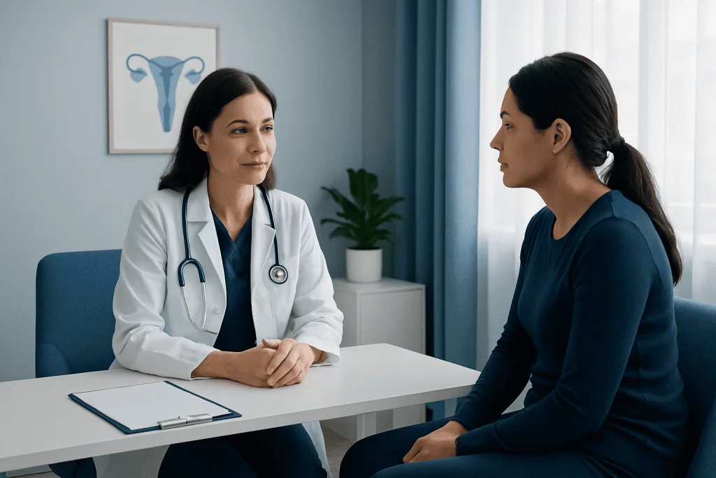 Doctor consulting with patient about fertility options after tubal ligation.
