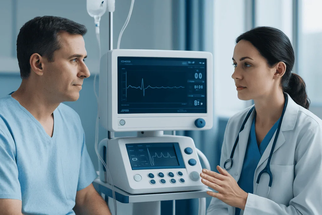 Doctor explaining heart monitor results to patient in hospital.