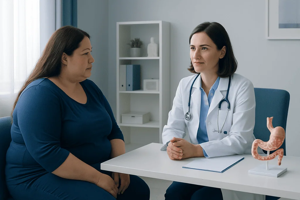 Doctor consulting with a patient about weight loss options in a medical office.