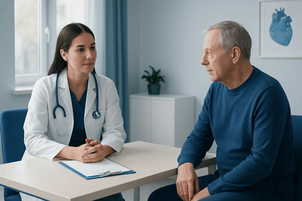 Doctor consulting with senior male patient in a medical office.